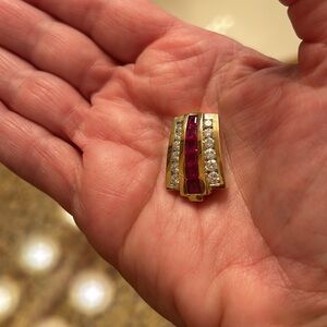 Burmise ruby and diamond slide pendant in 14k yellow gold.